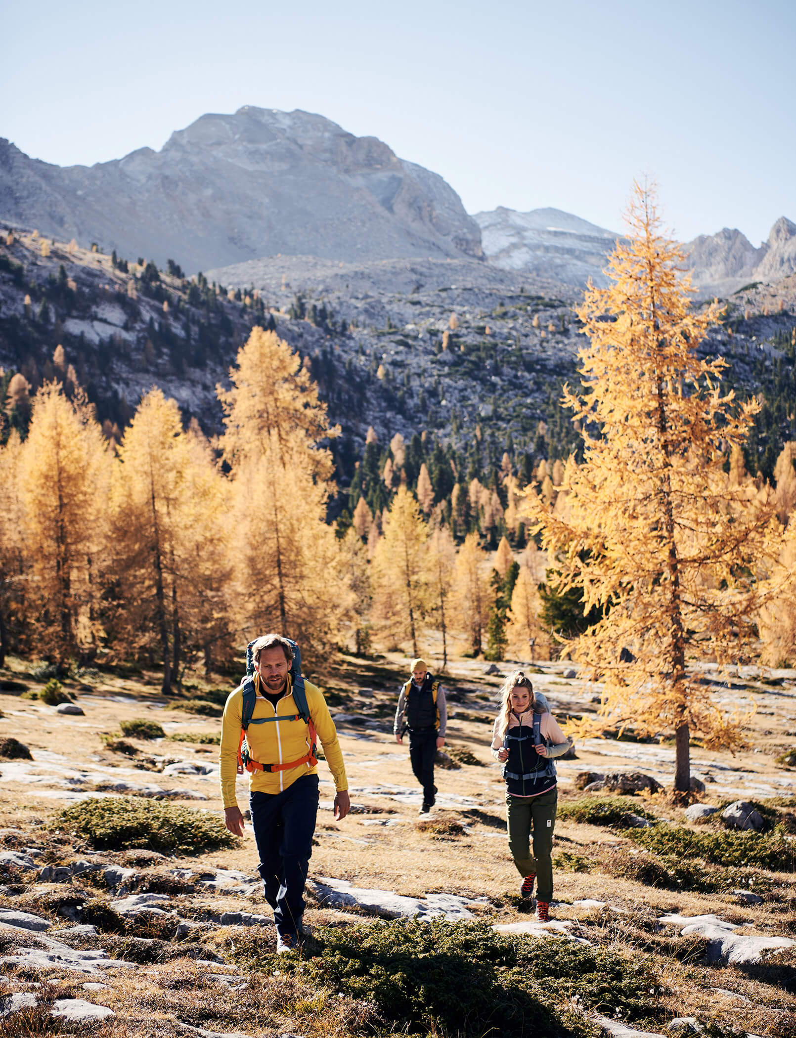 Tre escursionisti tra alberi colorati, le montagne sullo sfondo - Hotel Patris